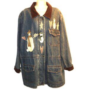 Beverly's Women's Denim Coat Blue Sz 2X Snowman Appliques Unlined Vintage Jacket
